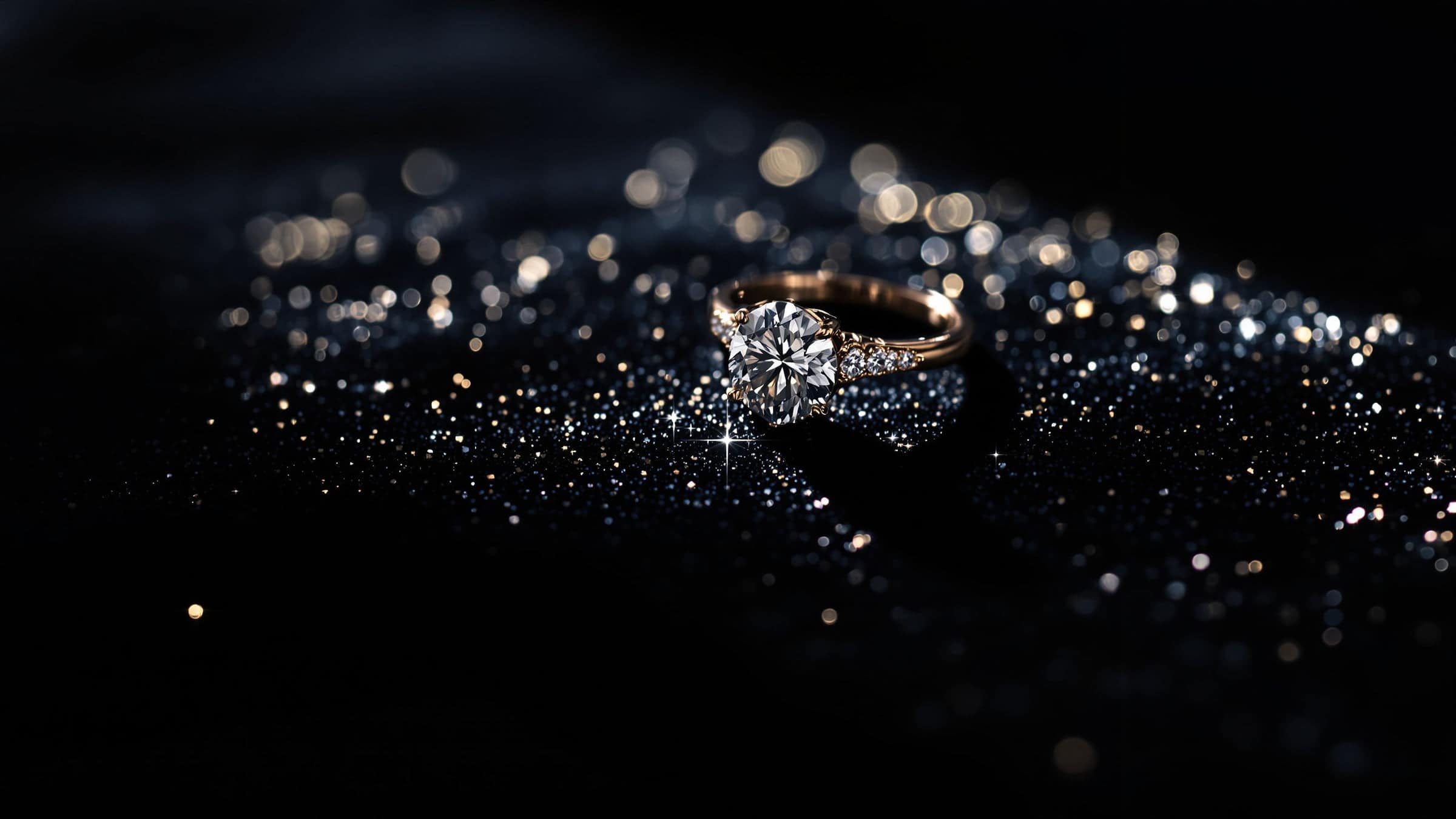 A diamond ring catching light on dark velvet.
