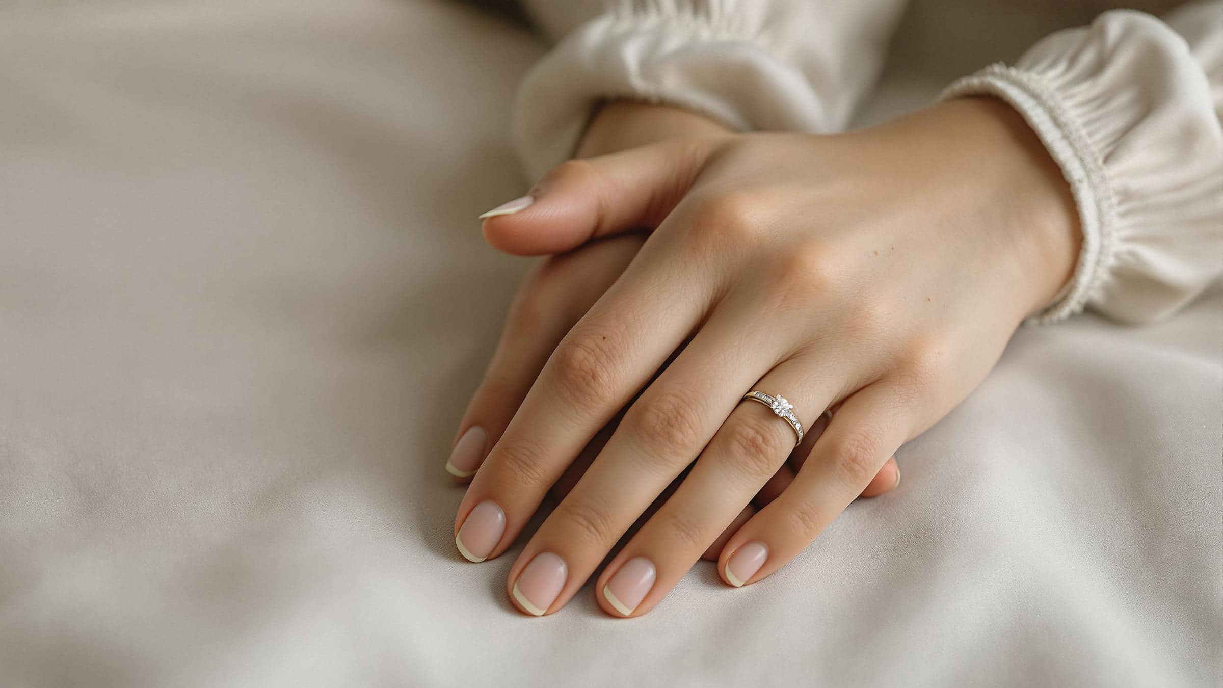 A hand wearing a solitaire diamond ring rests on a soft linen cloth.