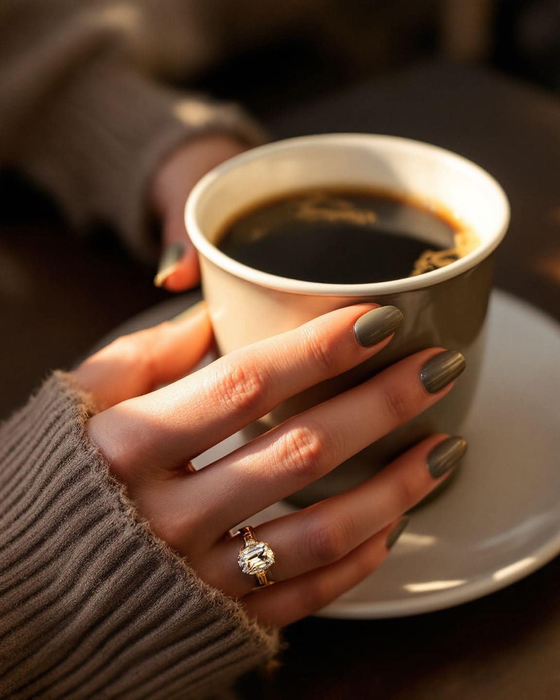 A hand wearing an emerald-cut diamond ring holds a coffee cup.