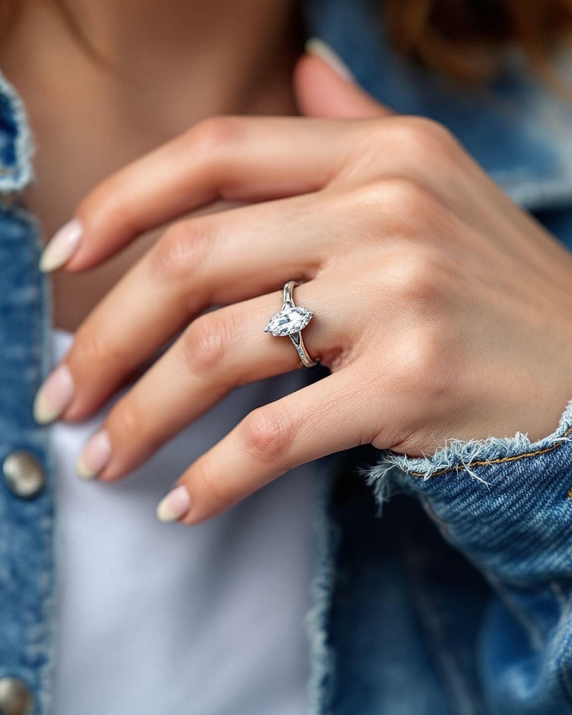A hand wearing an elongated diamond engagement ring rests against a denim jacket.