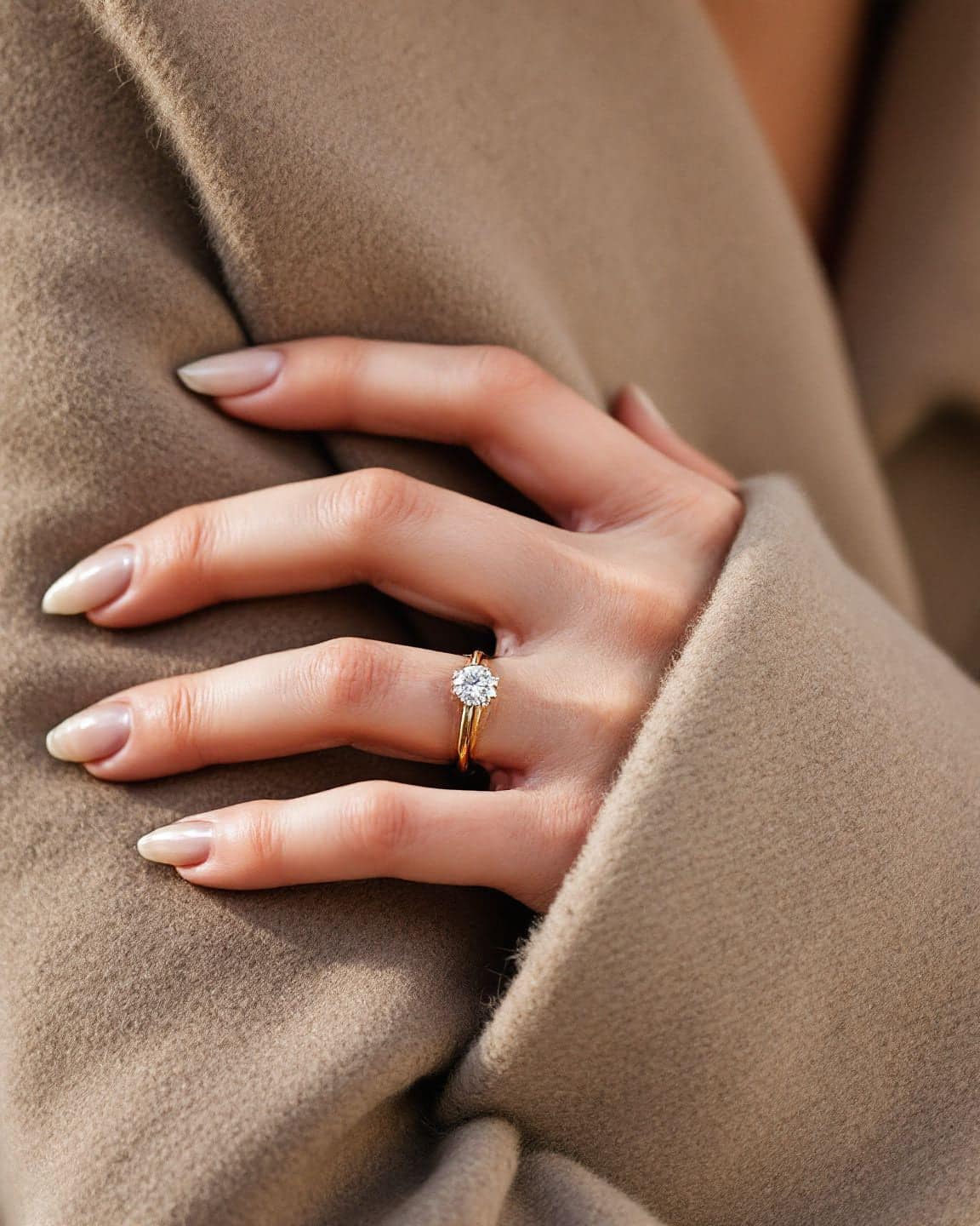 A hand wearing a round solitaire diamond ring rests on a coat sleeve.