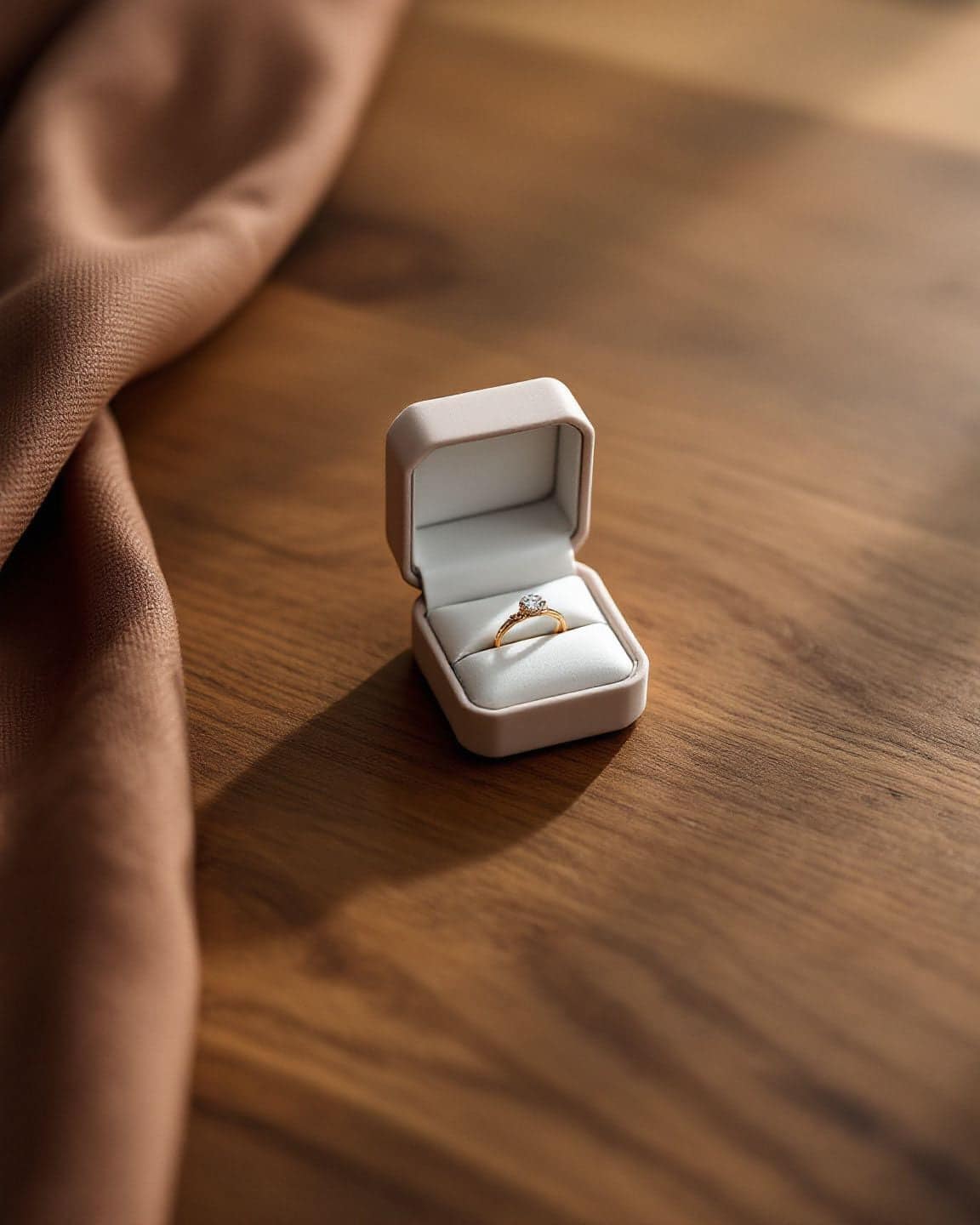 An open ring box holding a solitaire ring on a wooden table.