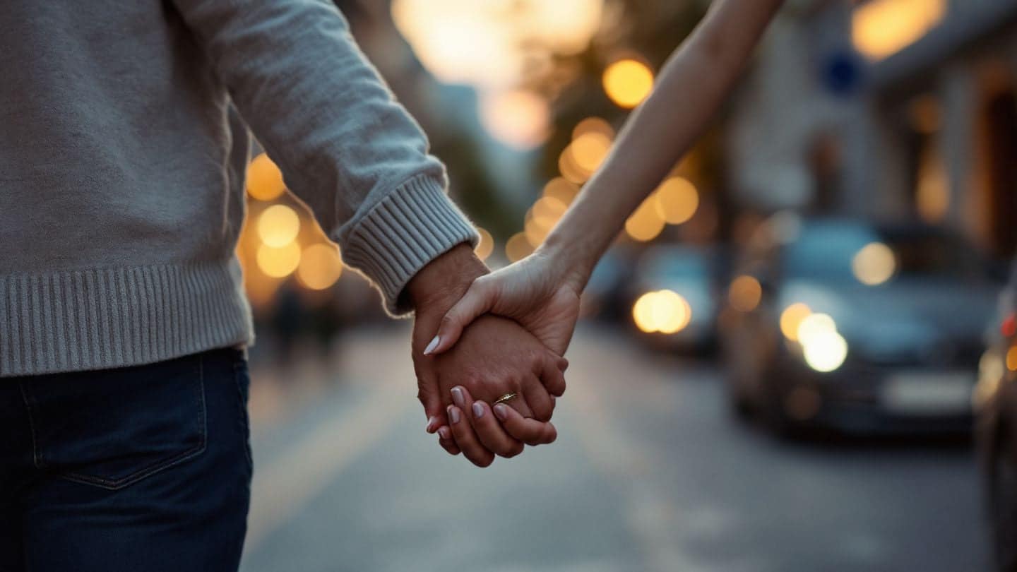 A couple walks hand in hand down a city street at dusk.