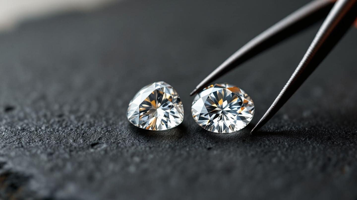 Two loose diamonds side by side on dark slate with tweezers.